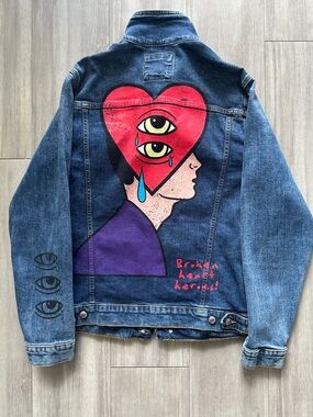 Zara Blue Denim Jacket with Red Heart Graphic and Purple Accent (LARGE)